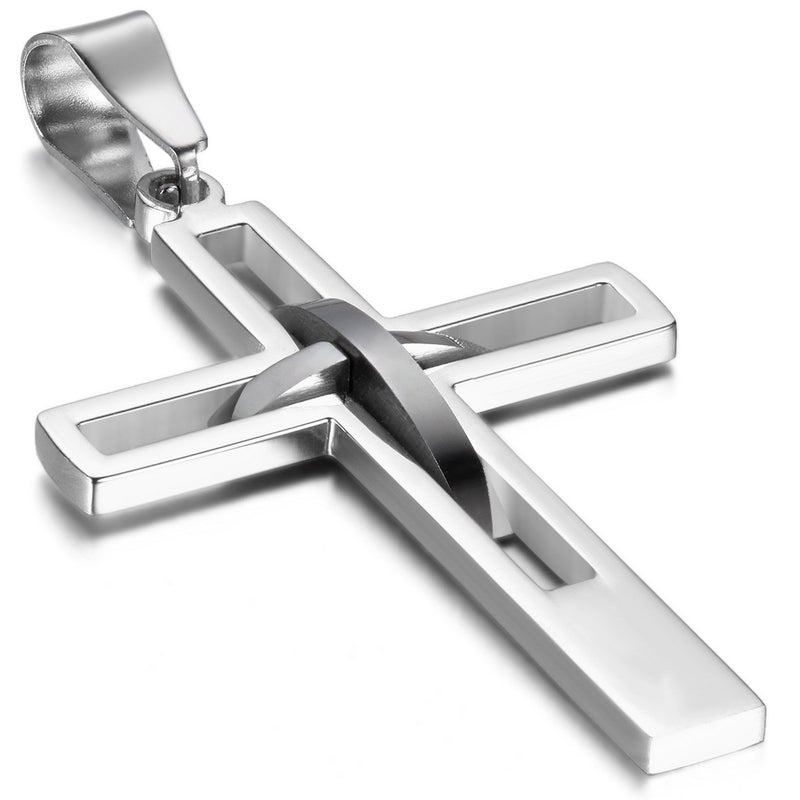 OIDEA Stainless Steel Mens High Polish Hollow Openwork Cross Pendant Necklace for Men Women Teens, Hypoallergenic, Silver - Image 1